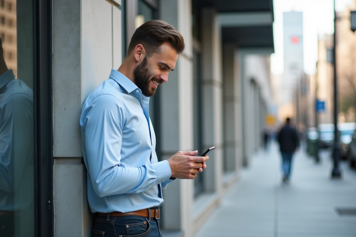 Homme urbain détendu utilisant son smartphone dehors