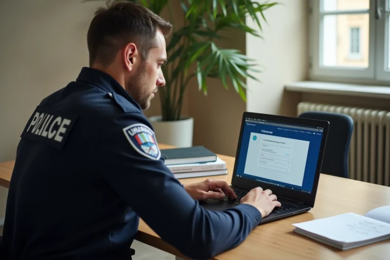 Policier en uniforme effectuant son inscription sur le portail eCampus Police nationale depuis son bureau administratif