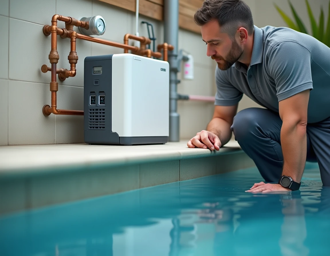 Technicien inspectant l'équipement d'une piscine au magnésium avec ioniseur et système de filtration installés sur une dalle carrelée