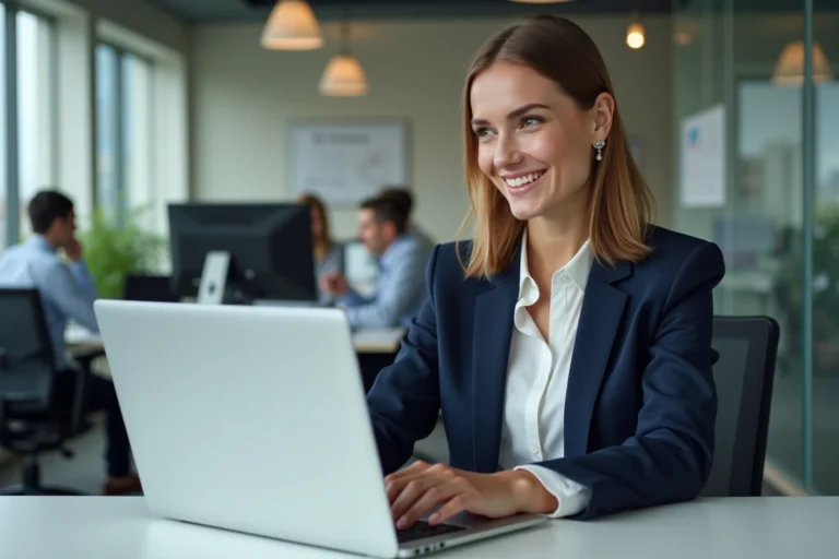 Jeune femme professionnelle souriante au bureau moderne