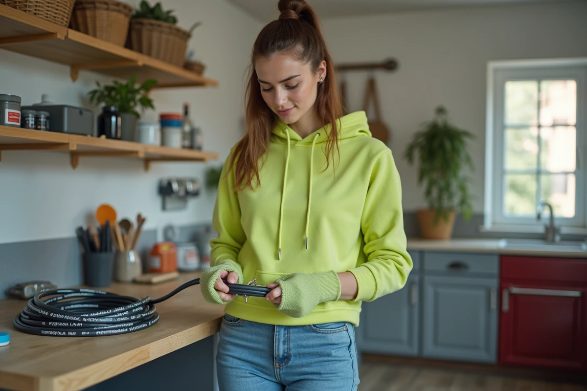 Jeune femme examinant des câbles R2V dans un atelier moderne