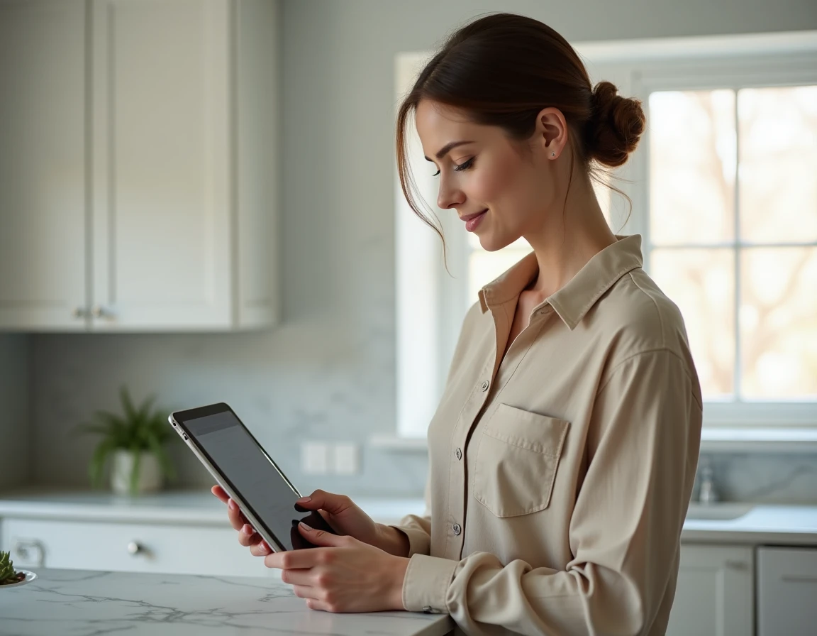 Jeune femme consultant les pages d'un site web professionnel sur tablette dans une cuisine moderne