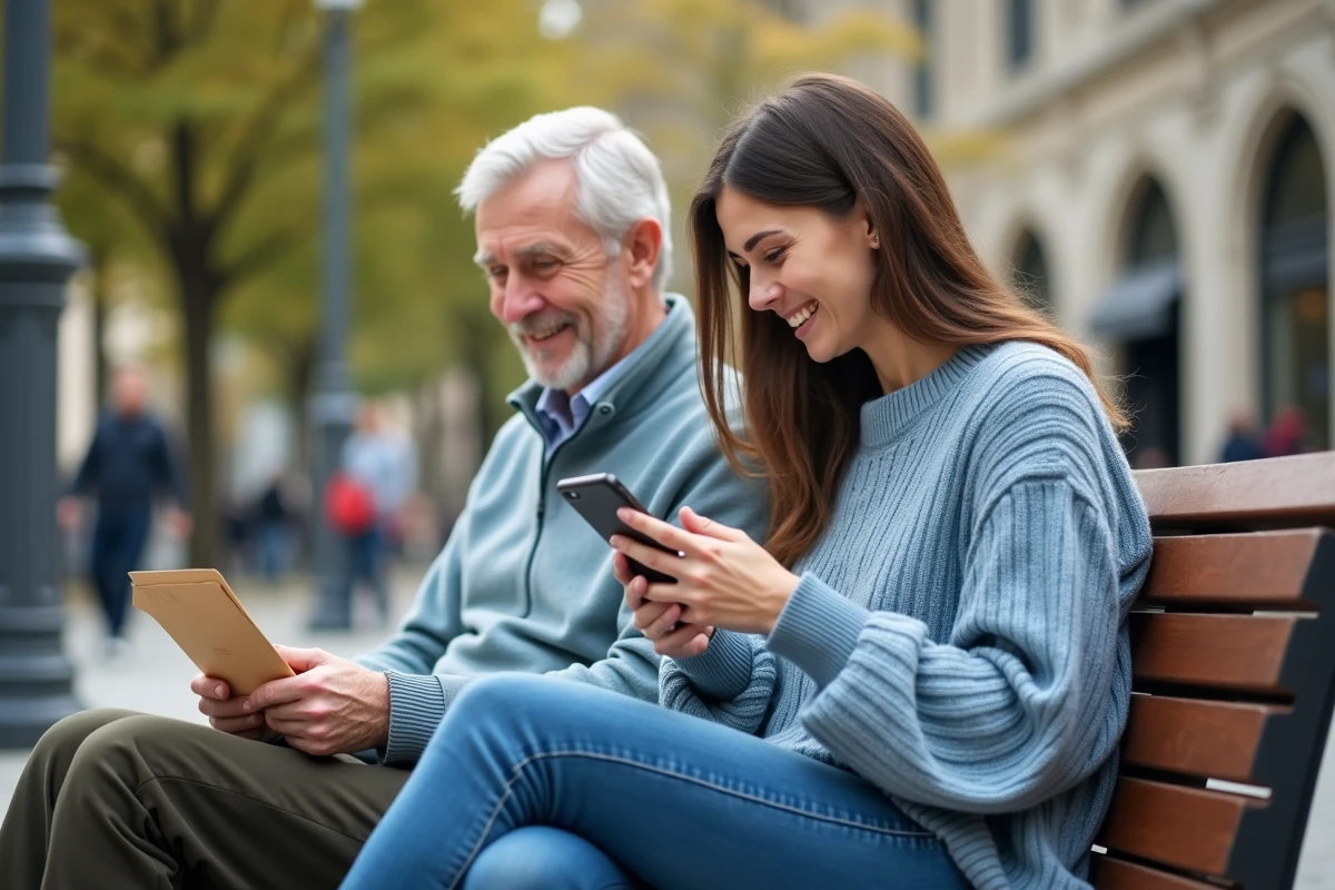 Une jeune femme souriante avec un smartphone dans un parc urbain