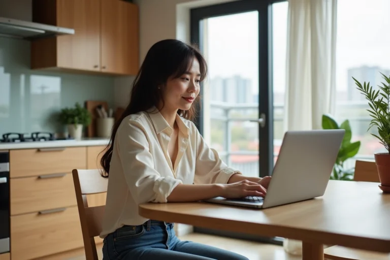 Jeune femme en blouse consulte des annonces immobilières dans un appartement lumineux