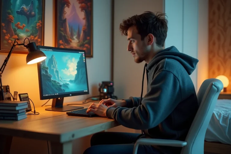 Jeune homme en hoodie utilisant un ordinateur portable dans sa chambre