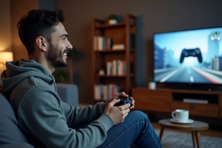 Jeune homme concentré jouant à GTA 5 sur un sofa cosy