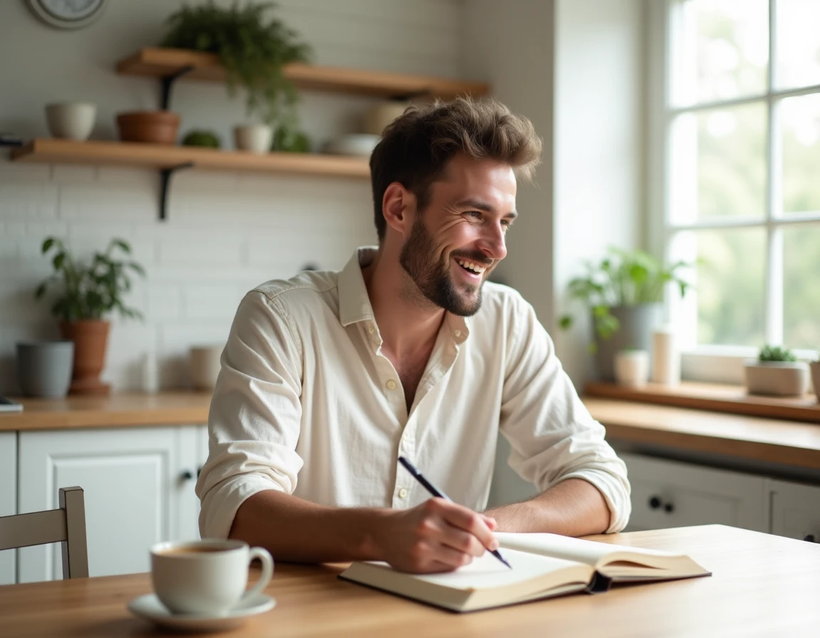 Homme souriant écrivant dans un journal dans une cuisine moderne pour cultiver un épanouissement quotidien