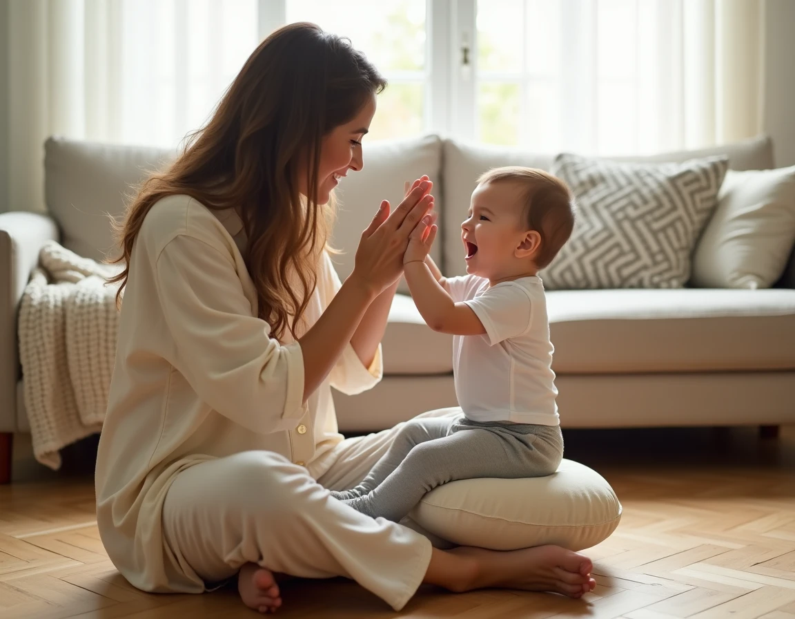 Maman jouant à cache-cache avec son bébé de 8 mois pour stimuler son développement cognitif et social