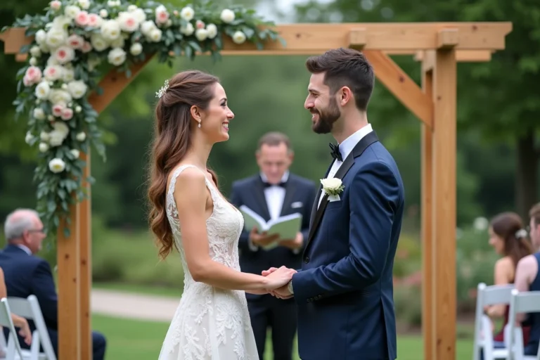 Couple de mariés souriants sous arche florale lors d'un mariage