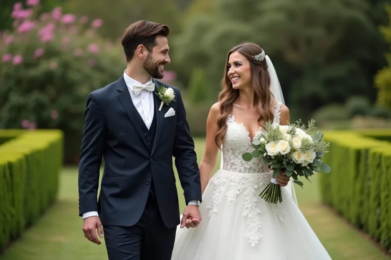 Jeune couple marié dans un jardin verdoyant