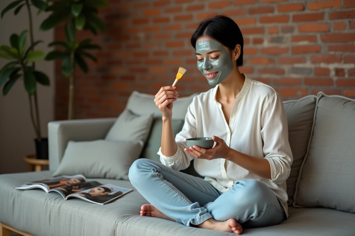 Femme d'une quarantaine d'années appliquant un masque à l'argile sur son visage dans un salon au mur en briques, moment de soin personnel à domicile