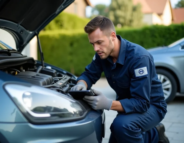 Mécanicien professionnel à domicile effectuant un diagnostic électronique sur une voiture dans une allée résidentielle