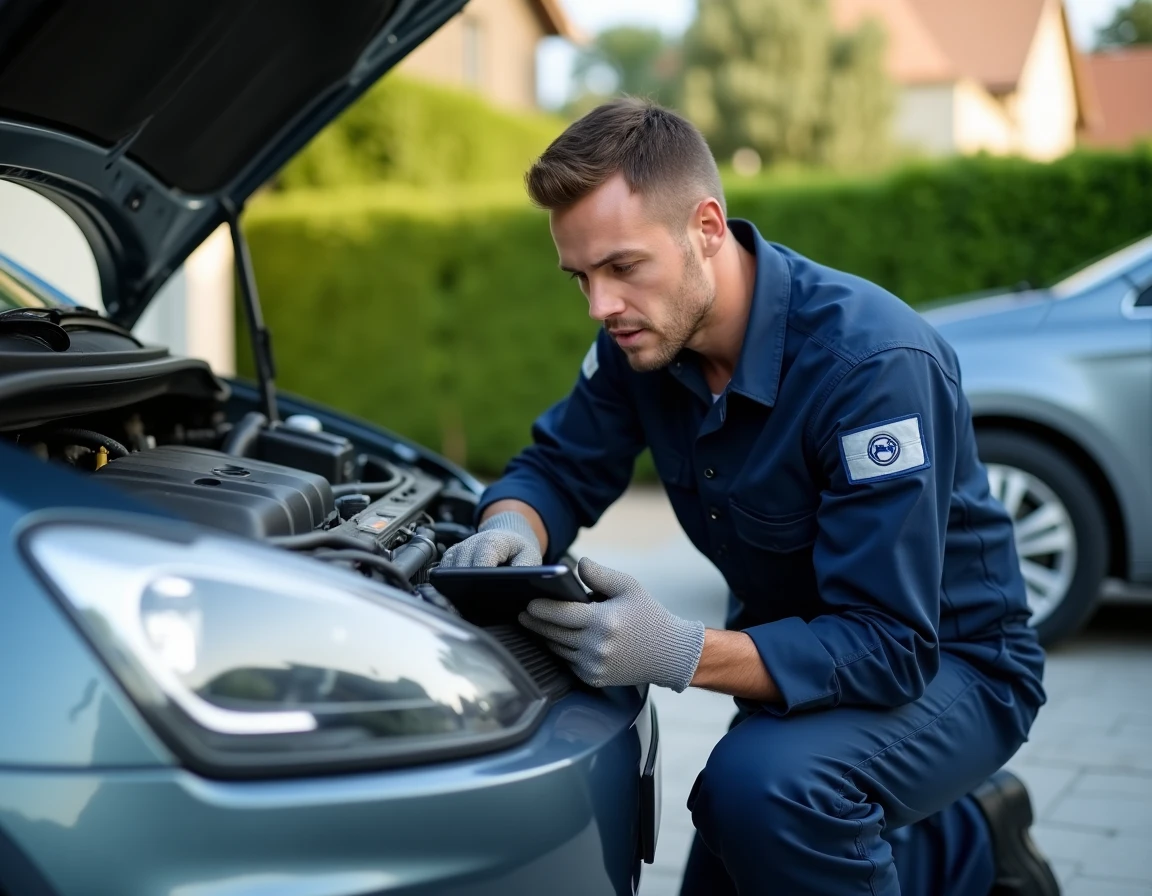Mécanicien professionnel à domicile effectuant un diagnostic électronique sur une voiture dans une allée résidentielle