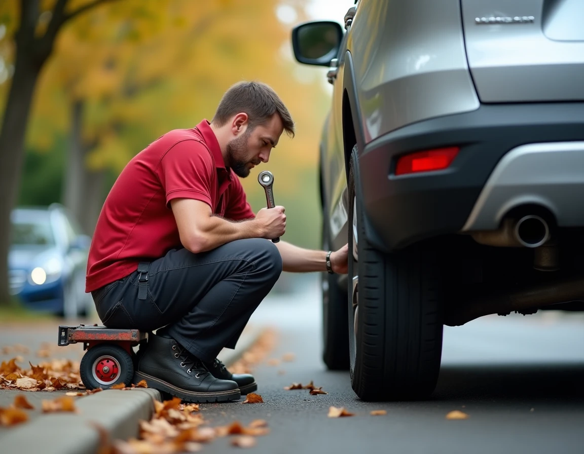 Mécanicien à domicile travaillant sous une voiture SUV dans une rue résidentielle avec ses outils