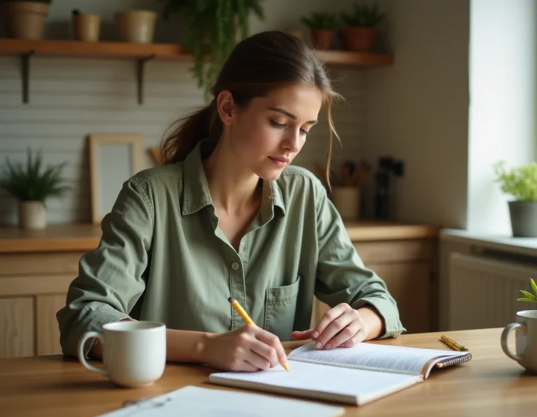 Mère de famille comparant une liste scolaire fournie et une liste personnalisée à la table de la cuisine avant la rentrée 2026