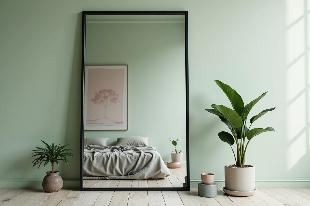 Grand miroir XXL posé au sol avec cadre en métal noir mat appuyé contre un mur en enduit vert sauge dans une chambre minimaliste