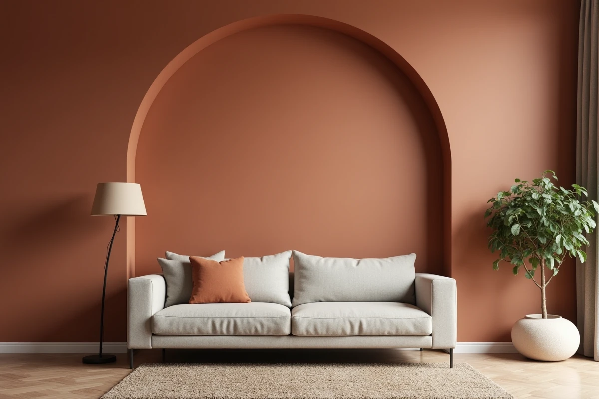 Salon avec deux murs en duo ton sur ton dans des teintes sourdes de terracotta et d'argile chaude pour un effet décoratif sophistiqué