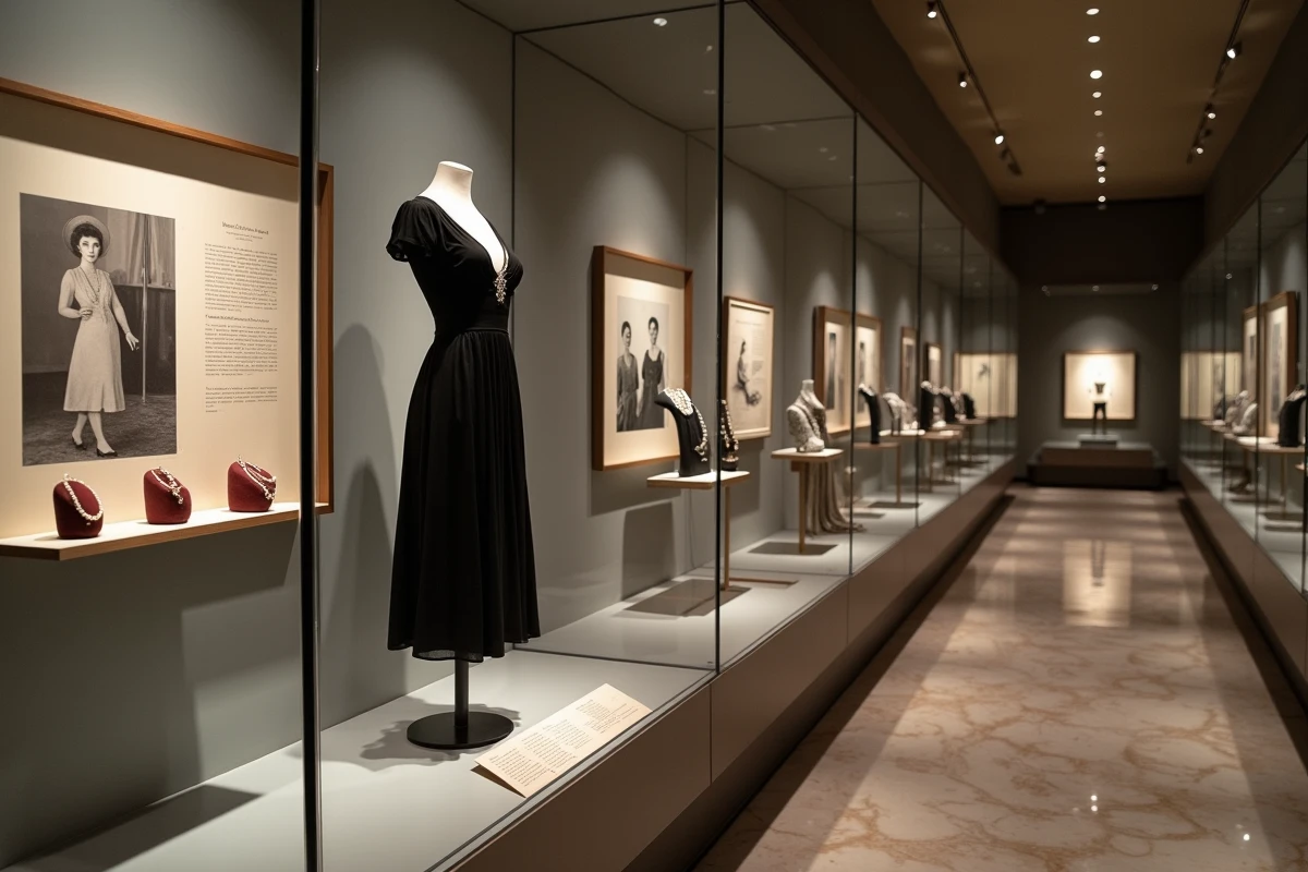 Vitrine muséale exposant une robe noire originale Chanel des années 1920 et des archives de la maison de couture