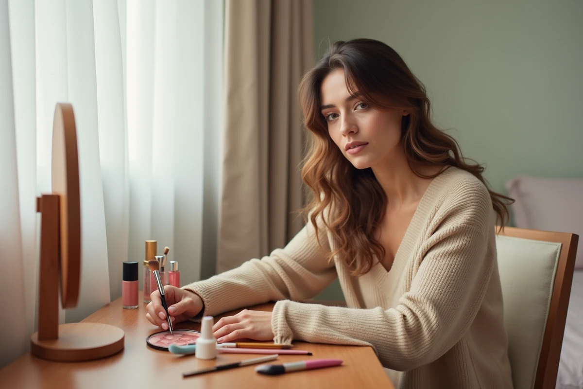 Jeune femme arrangeant sa collection de cosmétiques sur une coiffeuse en bois dans une chambre au décor pastel
