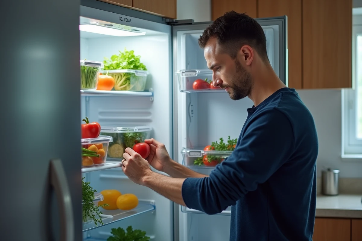 Homme organisant des légumes frais dans des boîtes hermétiques étiquetées à l'intérieur d'un réfrigérateur moderne