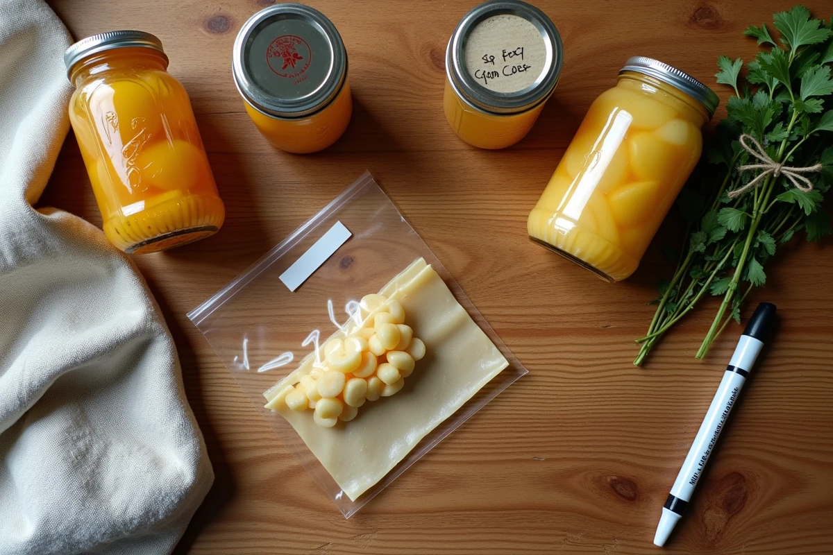 Vue de dessus d'une table en bois avec des outils de conservation alimentaire : bocaux, emballages cire d'abeille et herbes fraîches