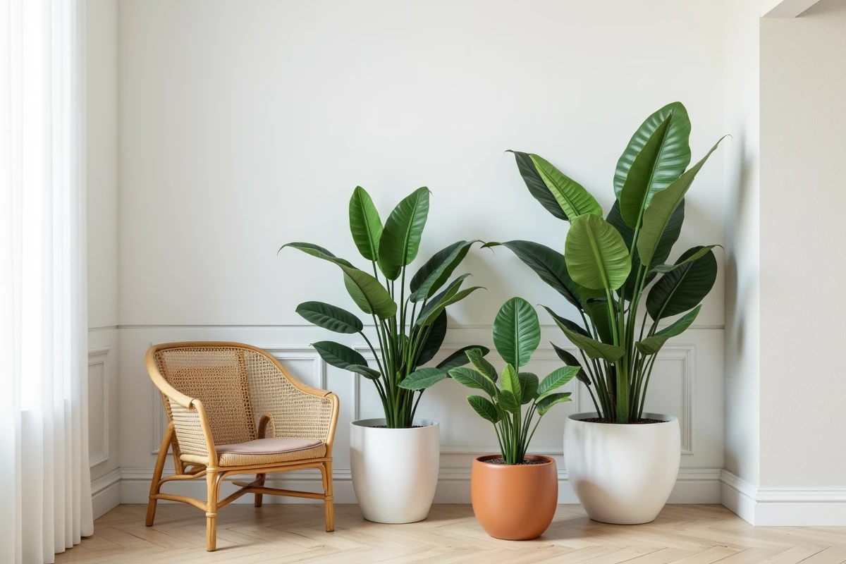Composition de plantes vertes structurantes en pots en céramique et terre cuite dans un coin salon contemporain avec sol en chêne point de Hongrie
