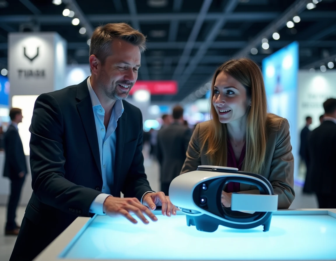 Deux professionnels découvrant un casque de réalité augmentée lors d'un salon technologique, tendances high-tech 2024