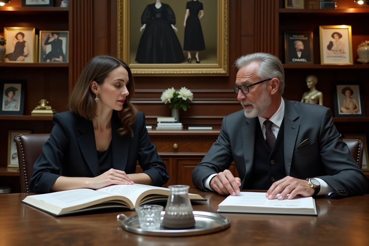 Deux professionnels de l'industrie de la mode examinant des archives Chanel dans une salle de réunion parisienne