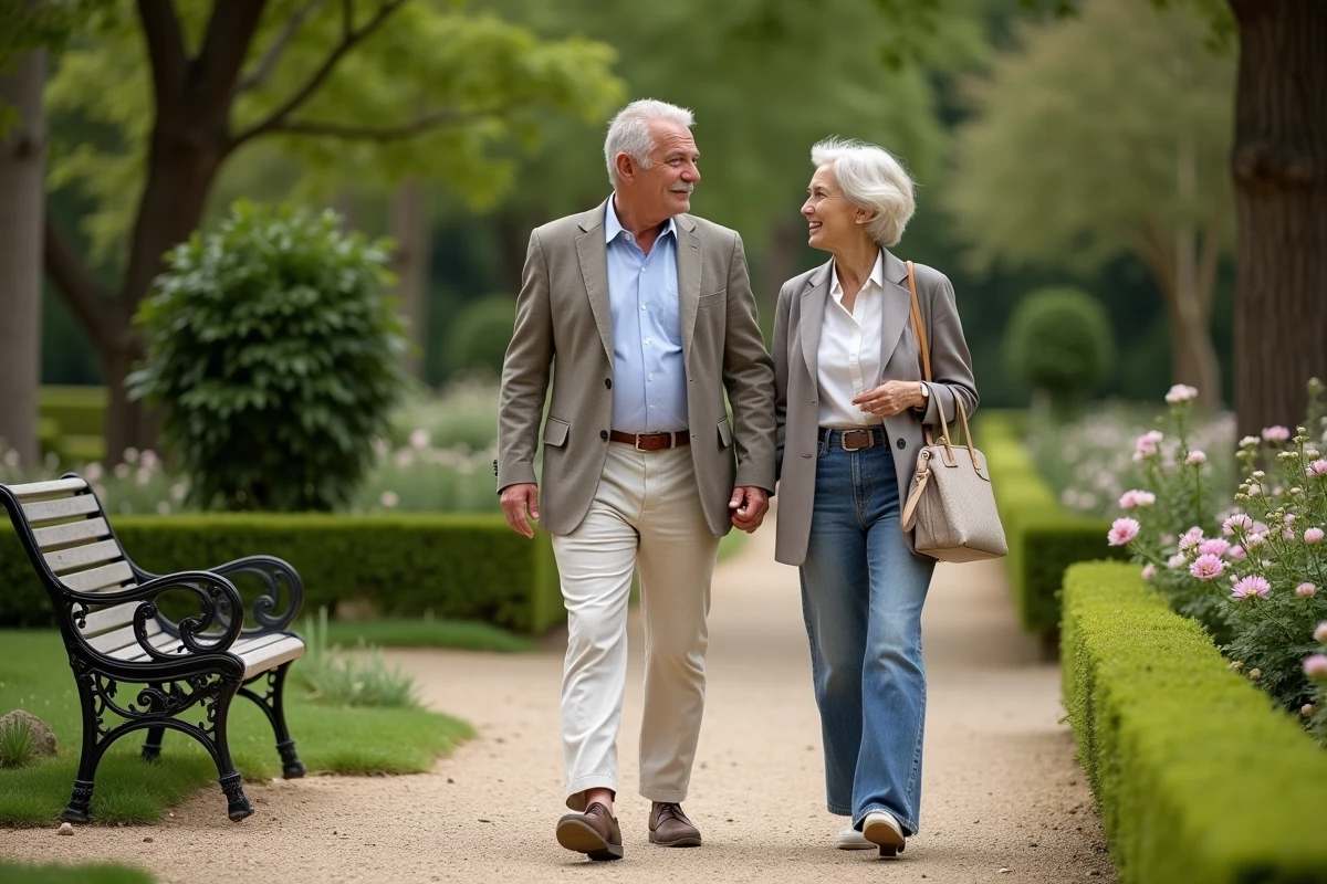 Homme et femme se promenant dans un jardin parisien