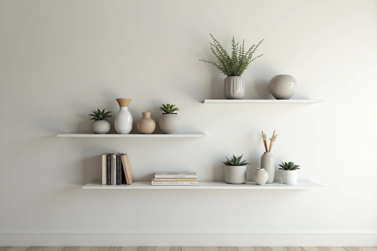 Rangements muraux invisibles en étagères laquées blanc mat encastrées dans le mur du salon avec livres et objets céramiques soigneusement composés