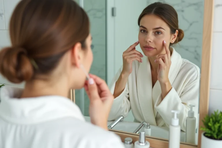 Femme appliquant un sérum visage devant un miroir de salle de bain en marbre blanc dans le cadre d'une routine beauté matinale