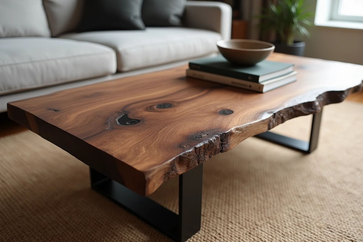 Table basse en bois brut à tranche vive avec pieds en métal noir mat sur tapis en jute dans un intérieur minimaliste
