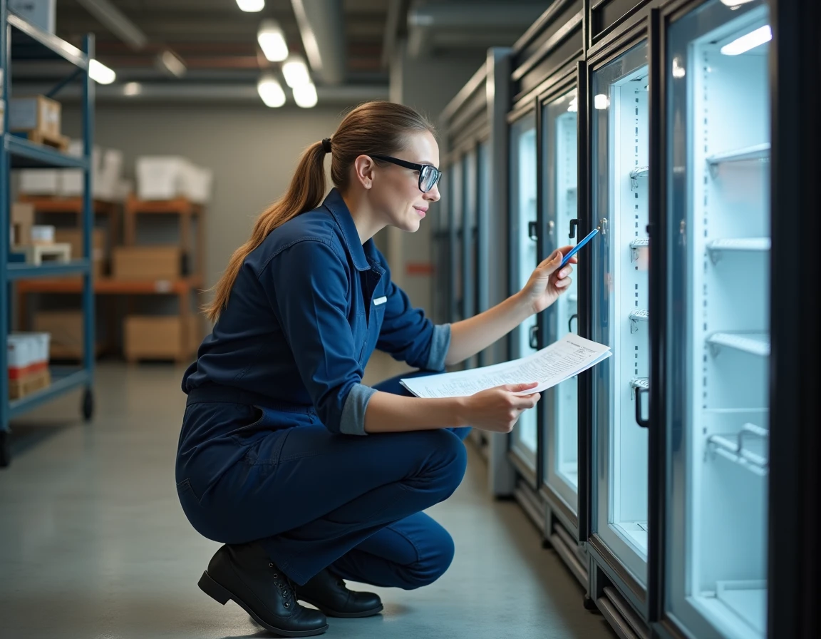 Technicienne en réfrigération analysant un équipement frigorifique professionnel dans une réserve de restauration