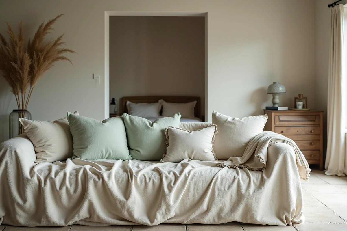 Salon et chambre décorés avec des textiles en lin lavé froissé dans des tons écru et vert sauge estompé pour une atmosphère douce et naturelle