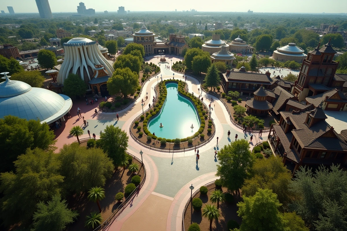 Vue aérienne comparant l'étendue d'un grand parc Disney avec ses différentes zones thématiques colorées